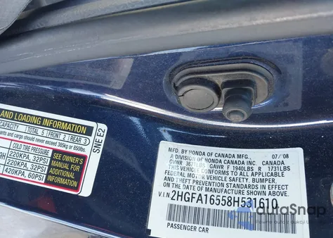 2008 Honda Civic Lx z USA, uszkodzony, nr VIN 2HGFA16558H531610